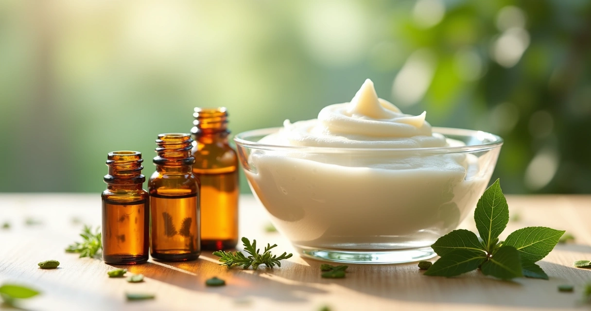 Frascos de óleo essencial ao lado de uma tigela com máscara capilar natural sobre mesa de madeira clara 
