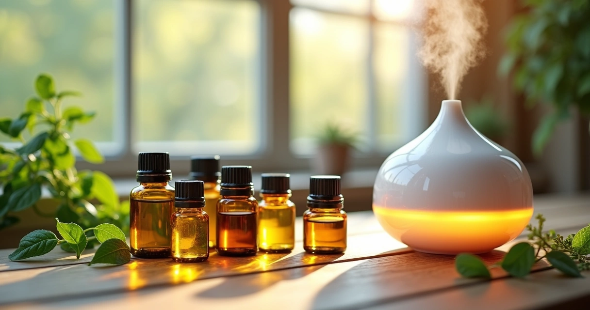 Frascos de óleos essenciais ao lado de difusor em ambiente claro e natural 
