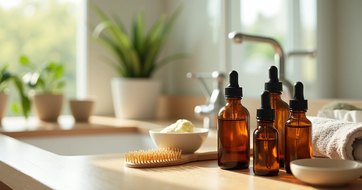 Gotas de óleos essenciais dispostas em frascos de vidro âmbar sobre uma penteadeira de madeira clara 