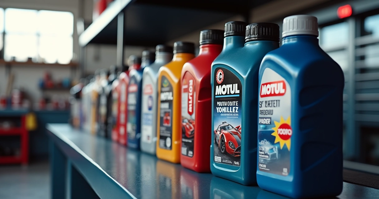 Organização de frascos de óleos automotivos premium alinhados em prateleira moderna