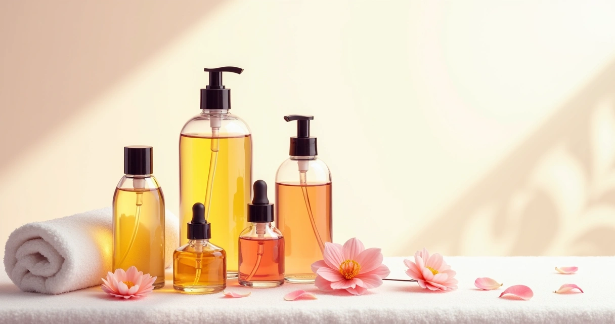 Frascos de óleos de massagem sobre uma superfície clara 