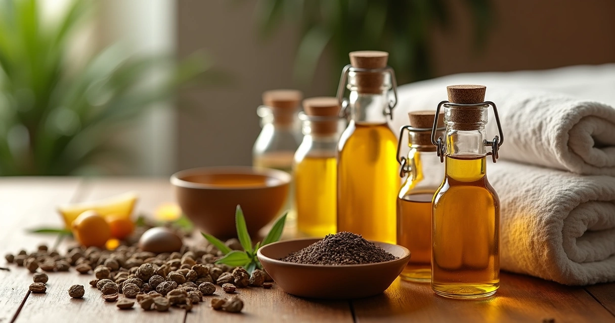 Óleos vegetais em frascos de vidro sobre mesa de massagem 