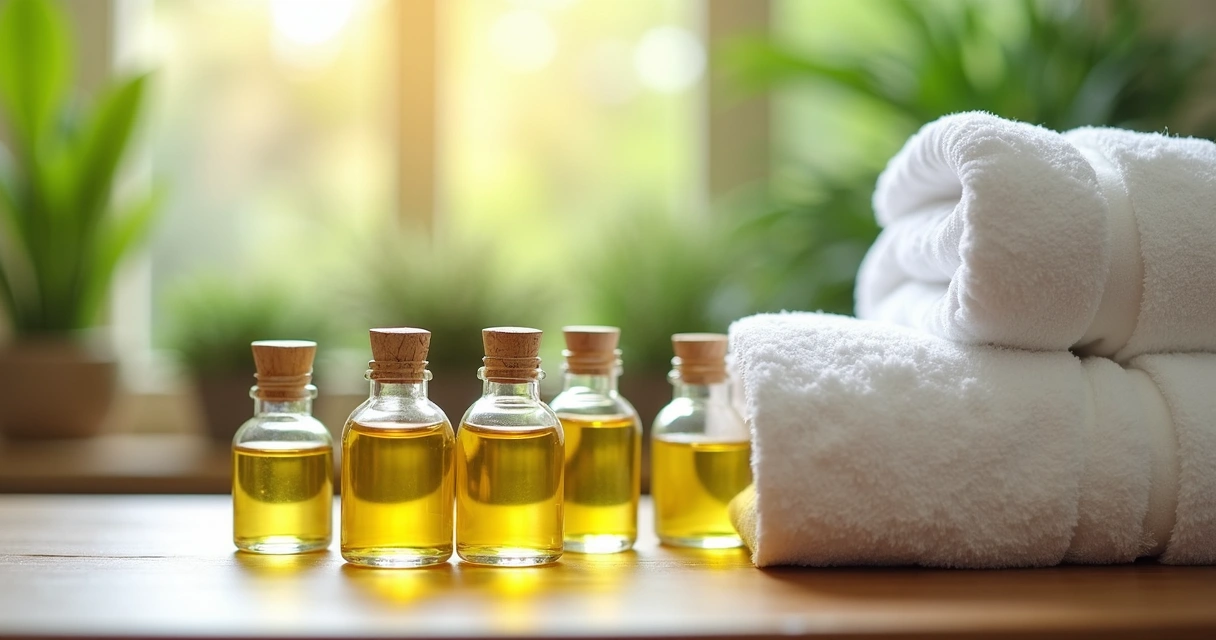 Frascos de óleo ao lado de toalhas em sala de massagem 