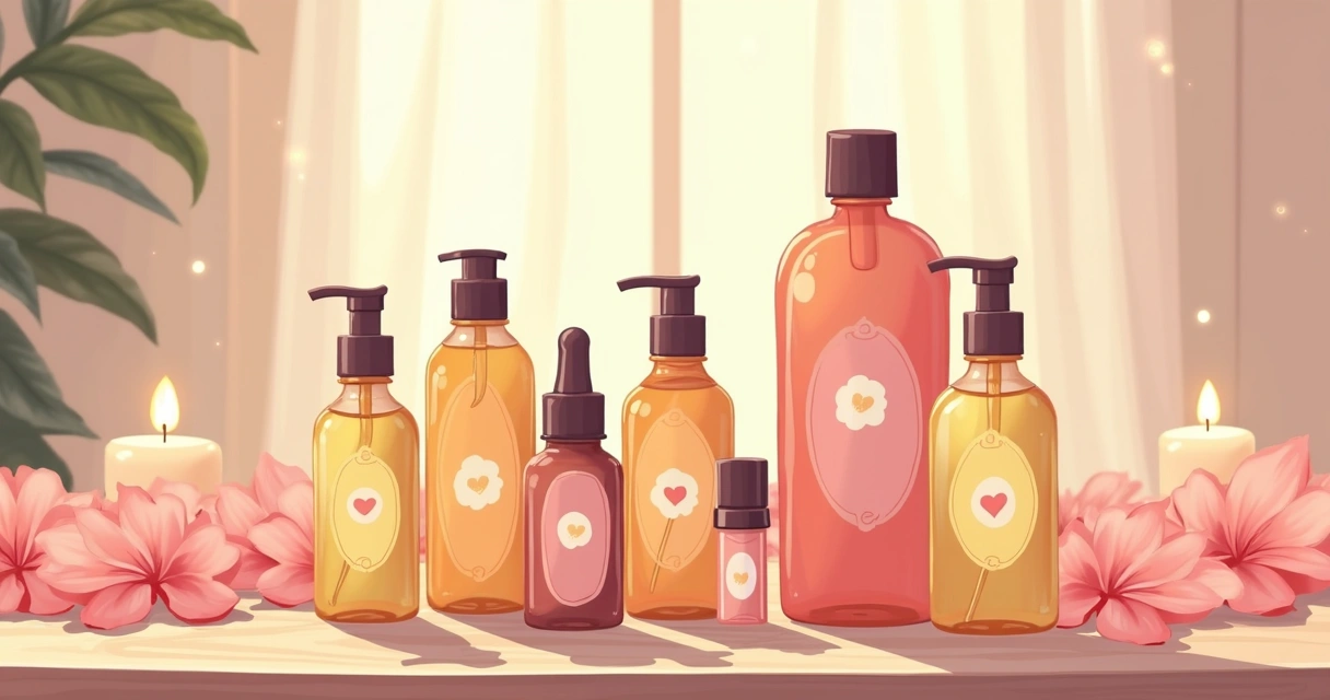 Óleos, géis e perfumes sensuais lado a lado em superfície de madeira