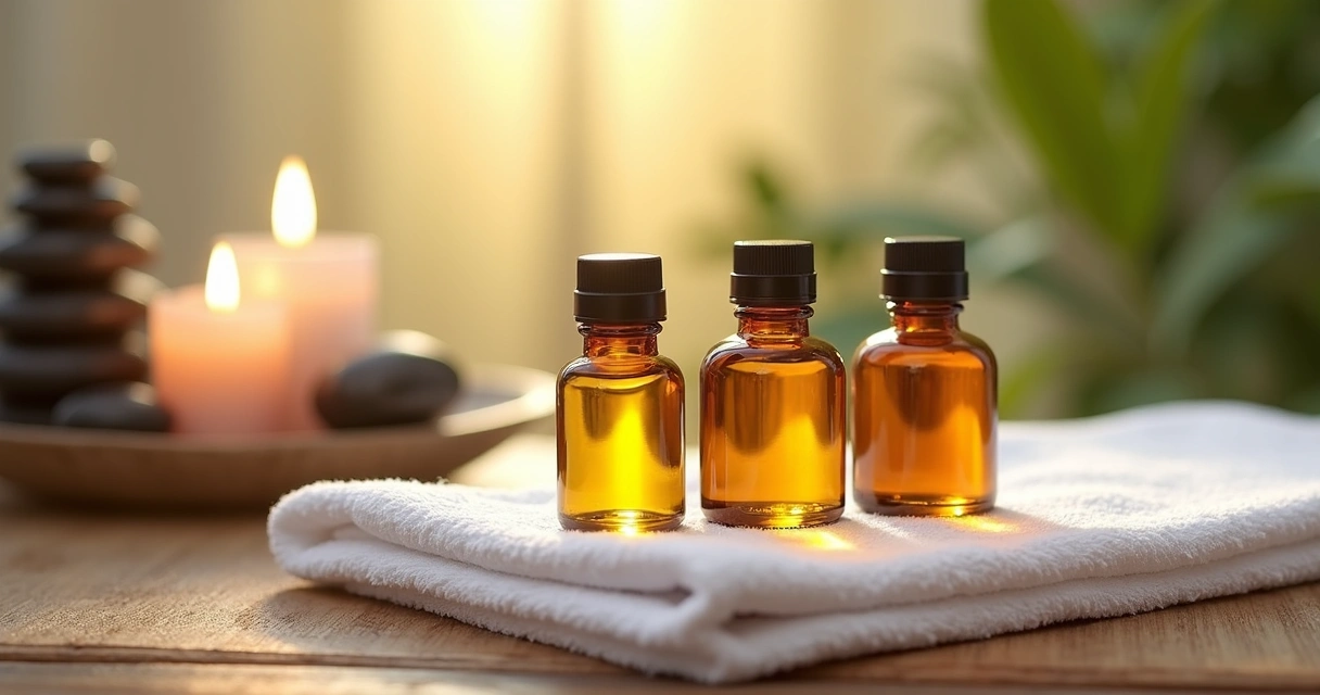 Óleos de massagem sobre toalha em ambiente relaxante 