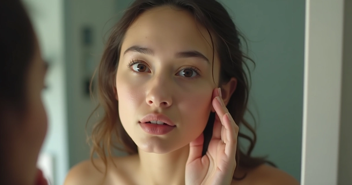 Pessoa observando o próprio rosto no espelho com expressão de curiosidade 