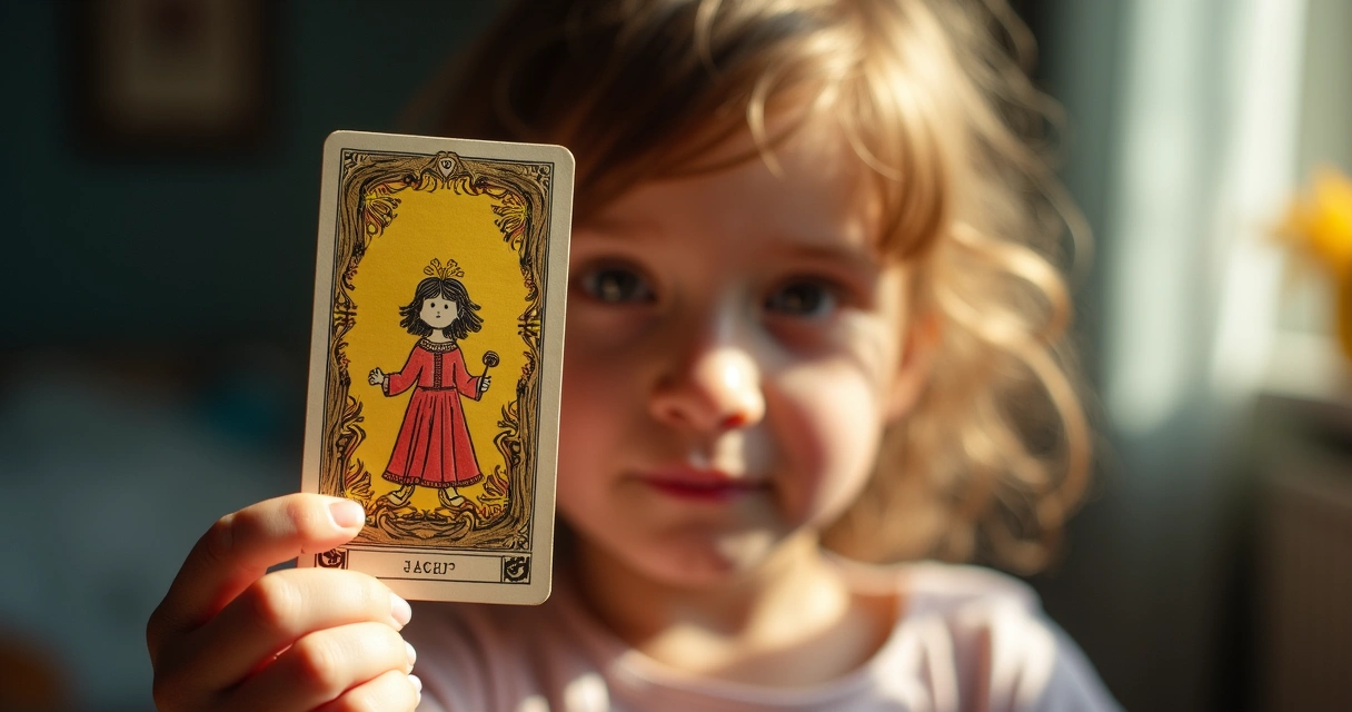 Olhar inocente de criança segurando carta do baralho cigano 