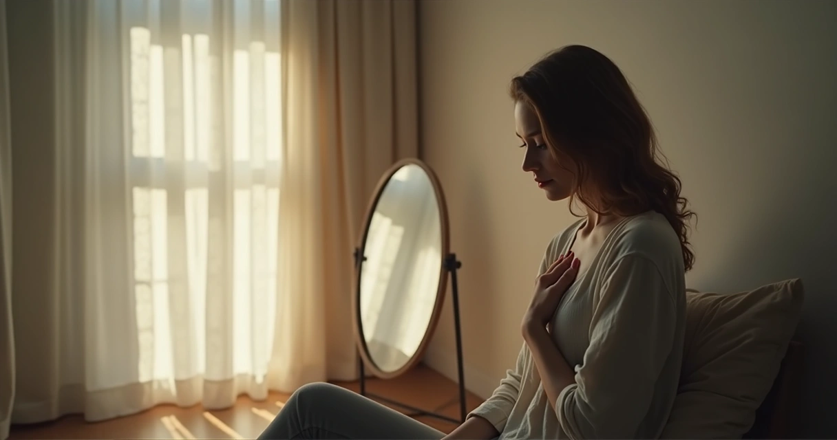 Mulher olhando para dentro, reflexiva em ambiente neutro. 