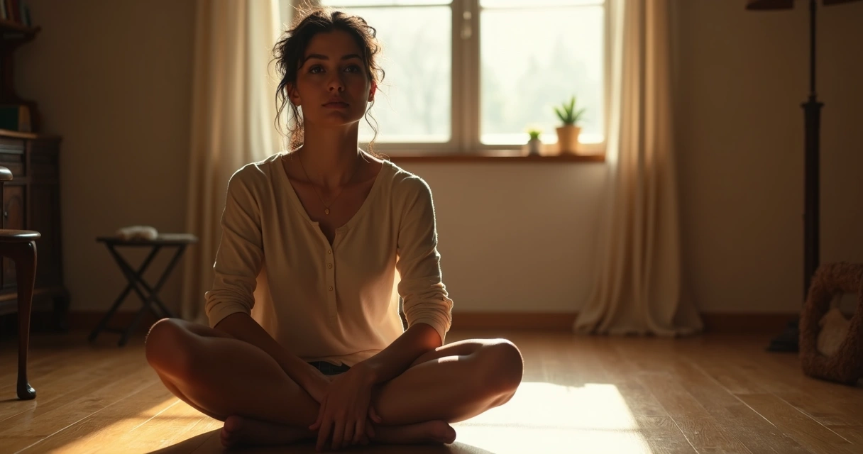 Pessoa sentada olhando fixamente para frente em posição de reflexão
