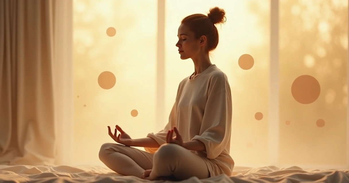 Pessoa sentada em posição de meditação, olhando para baixo, com expressão serena