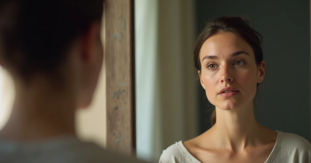 Pessoa olhando para o próprio reflexo no espelho, expressão serena 