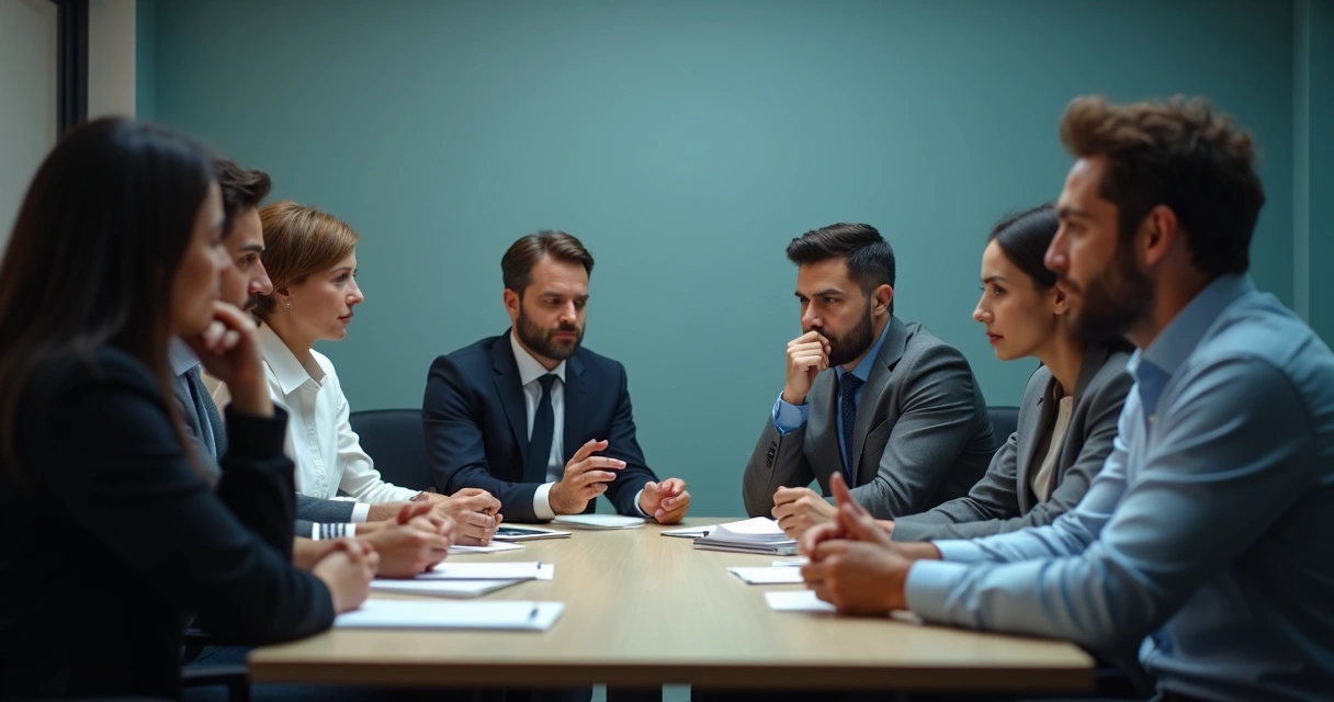 Pessoas em reunião de trabalho com olhares desconfiados e ambiente tenso 