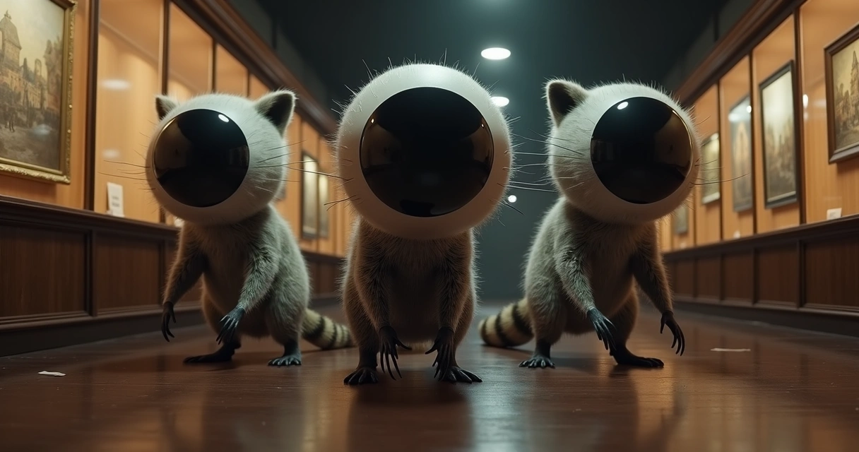 Guaxinins com olhos pretos gigantes em uma cena de game