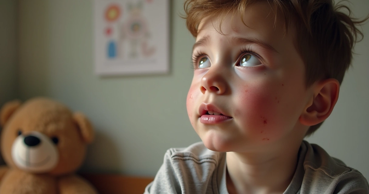 Menino com olhos inchados e lacrimejantes olhando para cima 