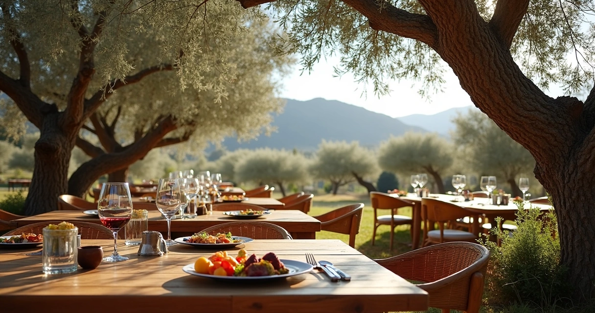 Restaurante ao ar livre cercado de oliveiras 
