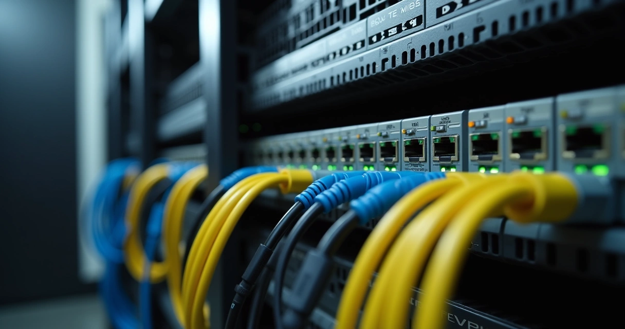 OLT FiberHome em close com cabos de fibra conectados em ambiente de provedor 