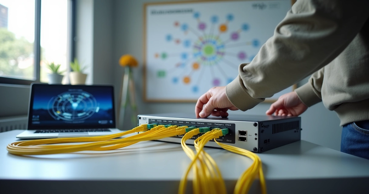 Técnico ajustando OLT em bancada com cabos de fibra óptica acesos 
