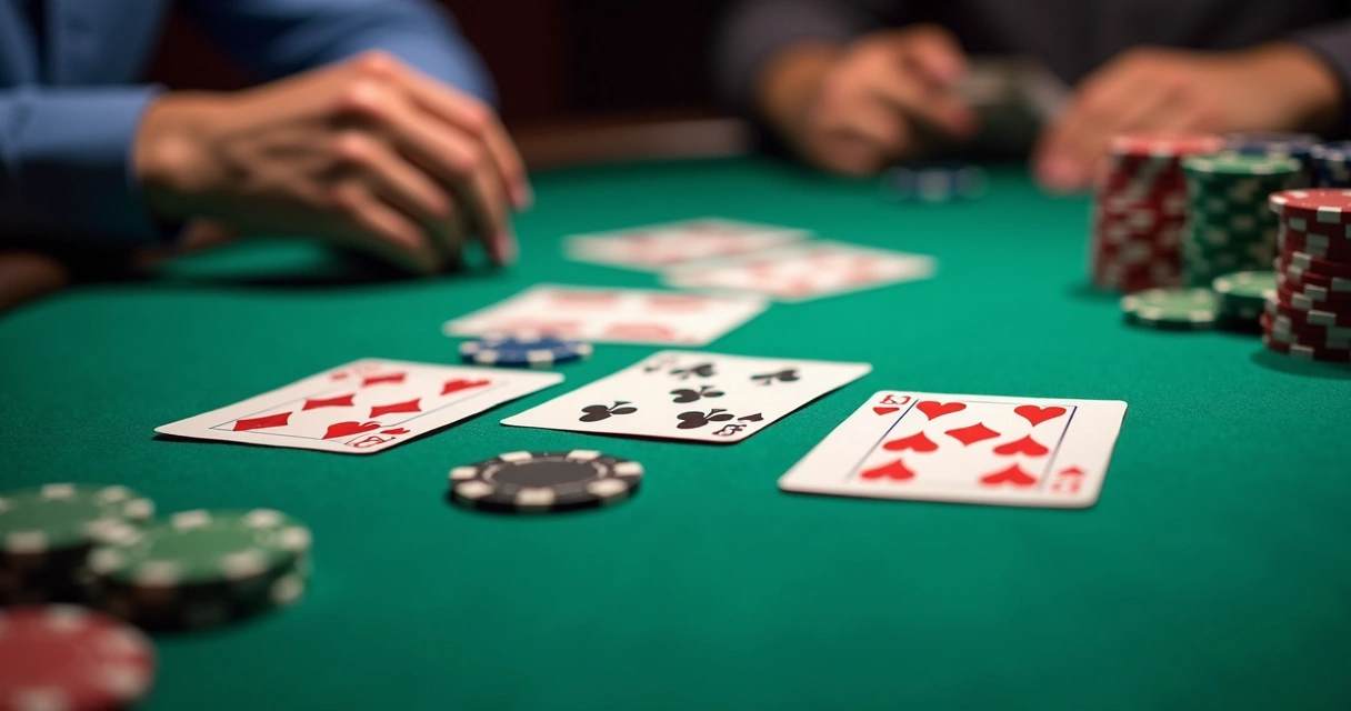 Poker cards on felt showing four hole cards and community cards 