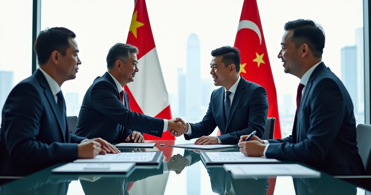 Chinese and Omani executives signing documents at a meeting table