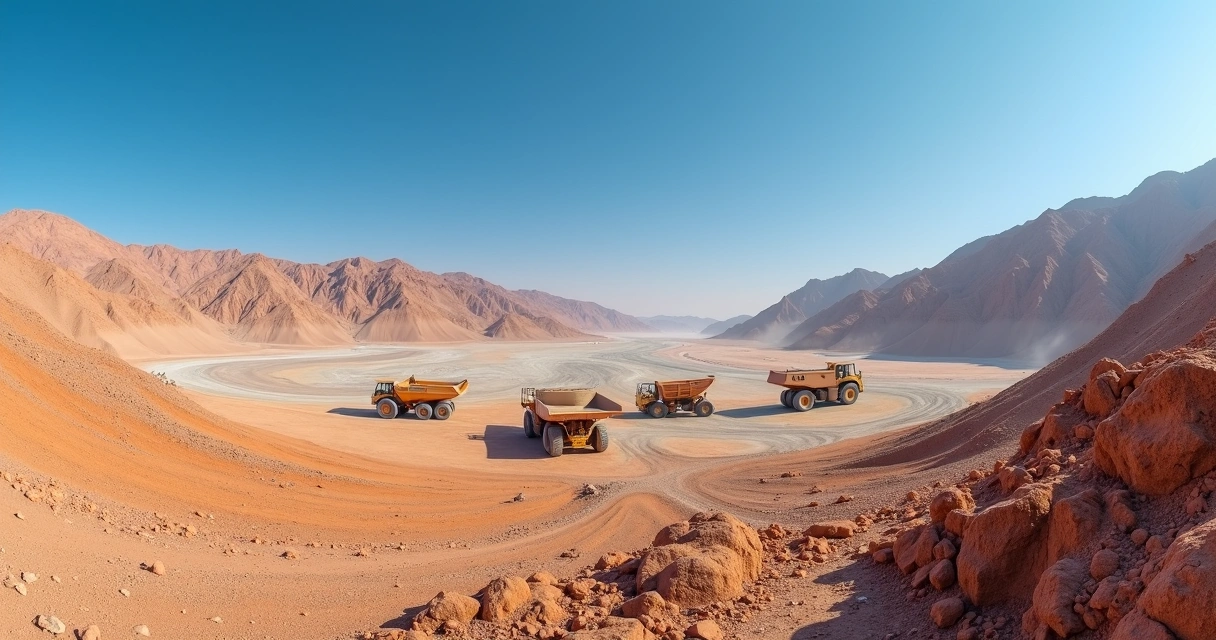 Vast Oman desert landscape with mining equipment, distant mountains