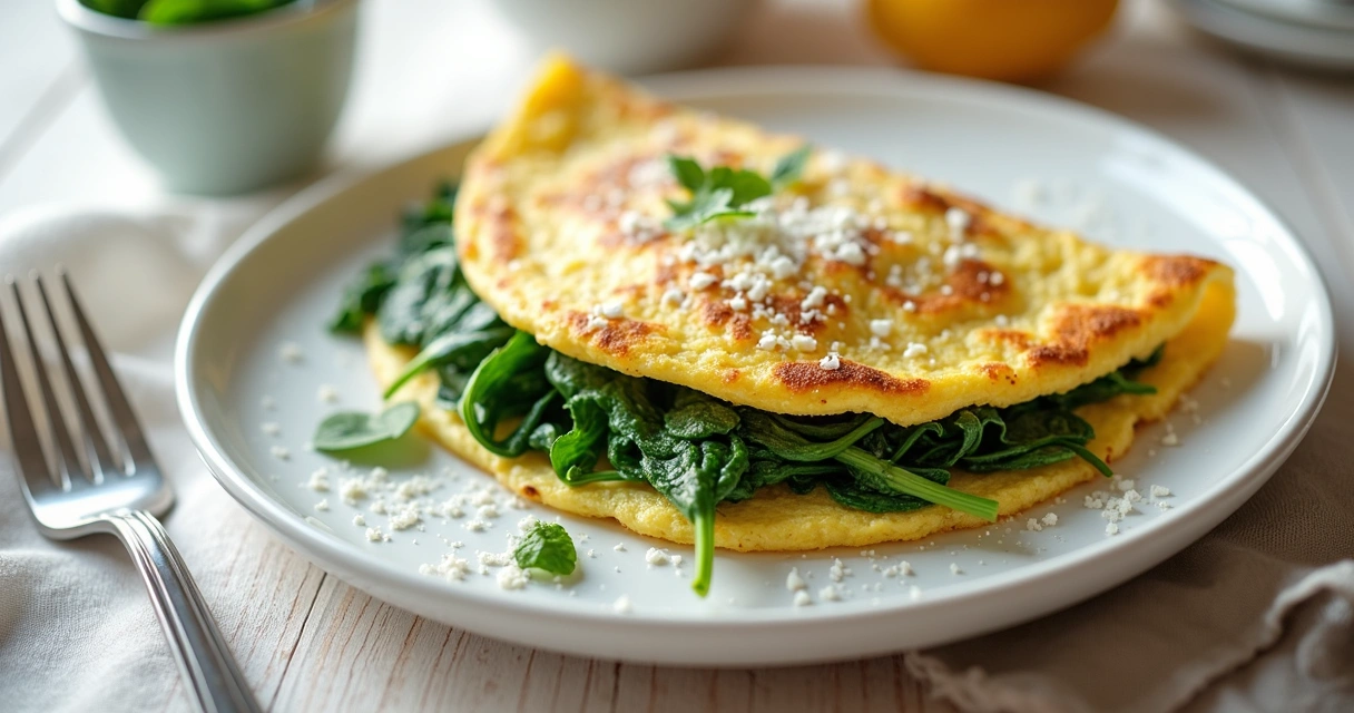 Omelete de espinafre prontinha em um prato branco com garfo