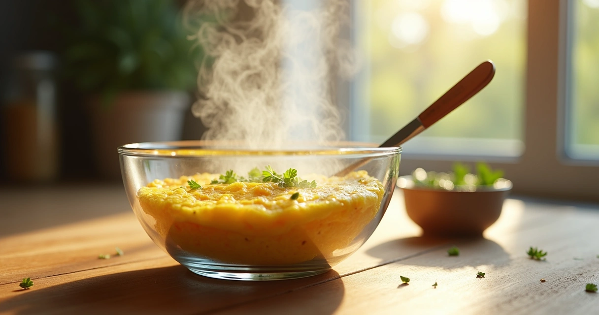 Omelete em tigela de vidro pronta para consumir 