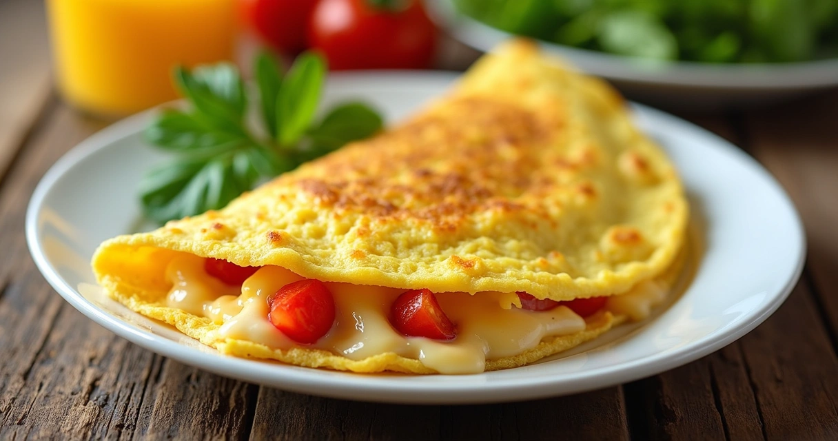Omelete dourada recheada com queijo derretido e tomate picado 