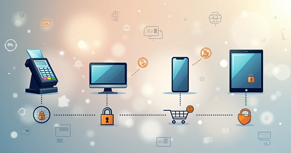 Ilustração mostrando jornada de compra omnicanal com tokenização em vários dispositivos 