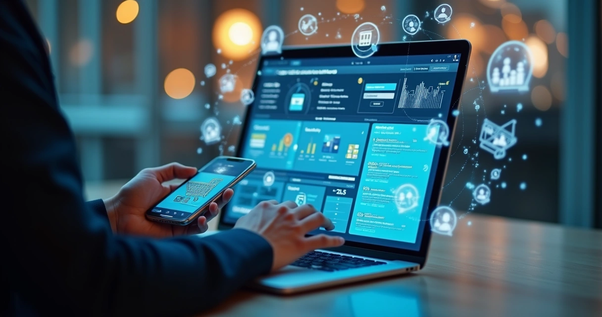Pessoa usando notebook conectado a smartphone e loja virtual em gráfico interativo 