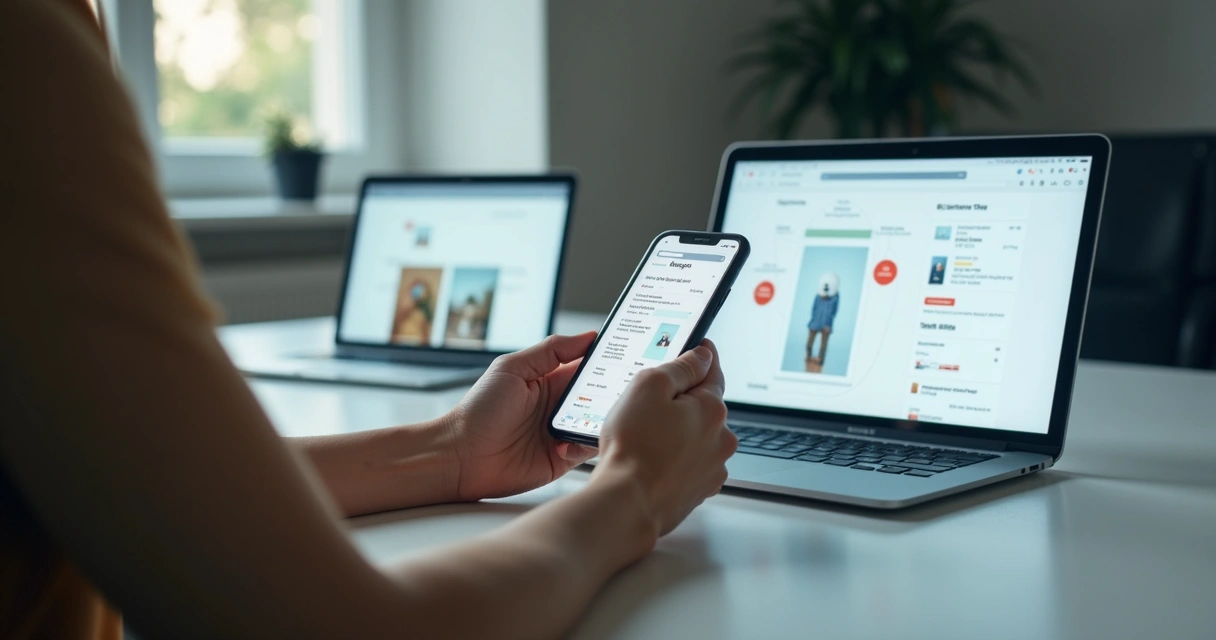 Customer using smartphone and computer for omnichannel shopping 