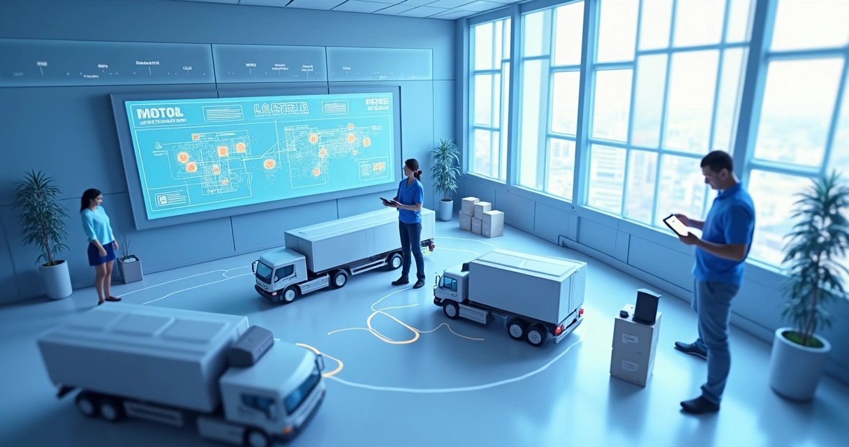 Canais de venda para empresas de logística e supply chain Representação de integração omnichannel em operações logísticas, com equipe em operação, tablets, mapas e fluxos digitais interligados