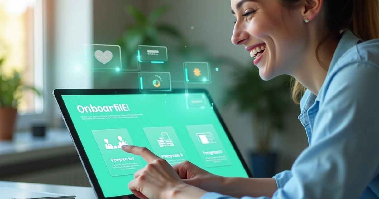 Processo de onboarding visual com ícones e checklists 