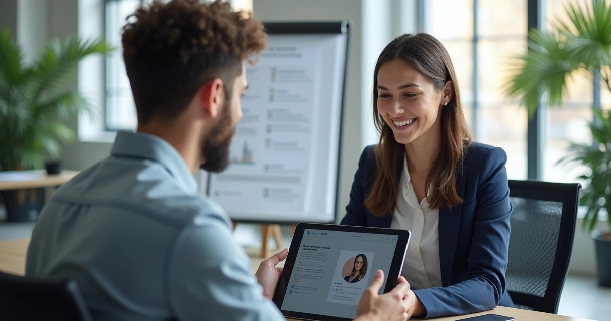 Novo colaborador usando tablet interativo em onboarding com IA 