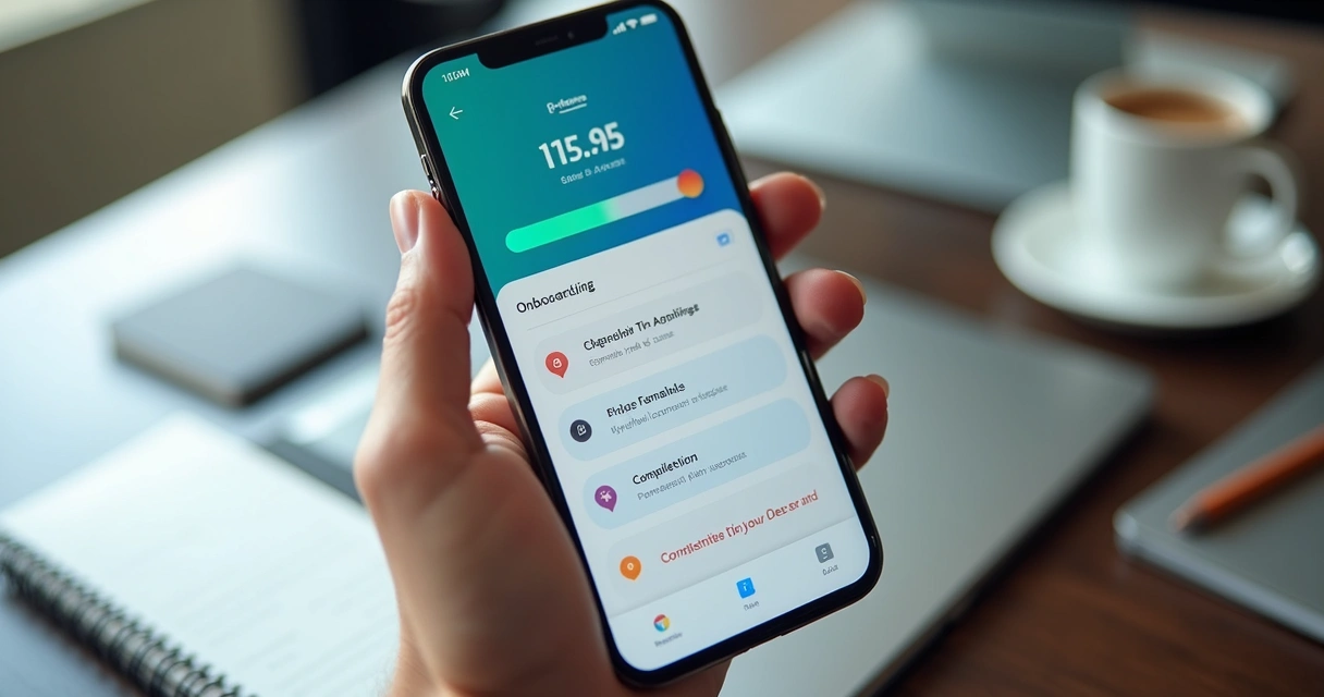 Tela de app com checklist e barra de progresso no celular 