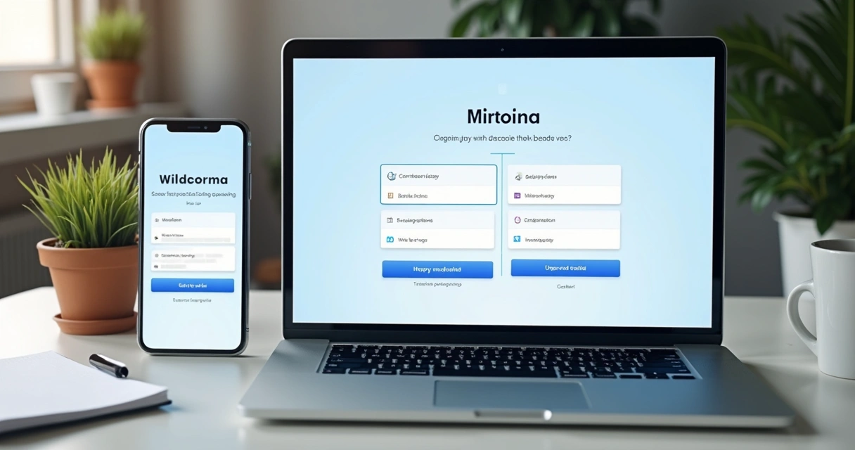 Tela de onboarding de app SaaS em notebook e celular 