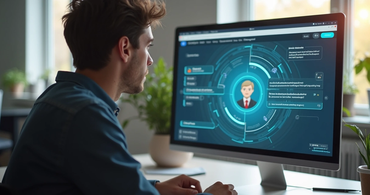 Profissional treinando com assistente digital em tela de computador