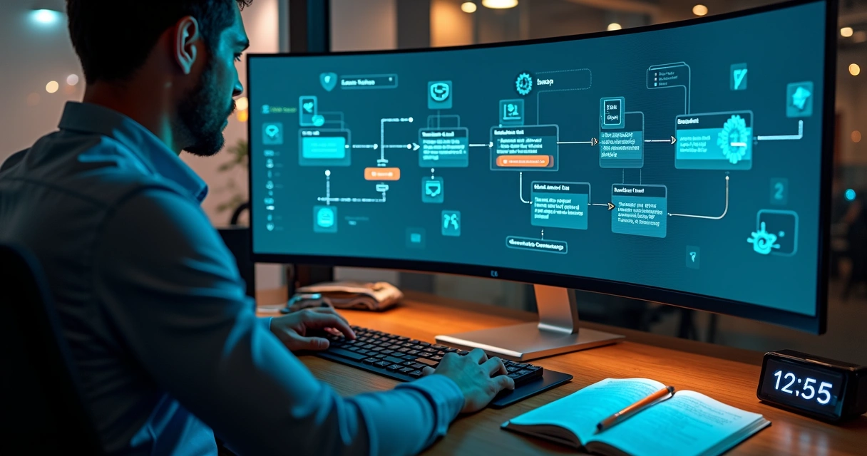 Gestor de agência configurando fluxo de onboarding automatizado em painel digital 