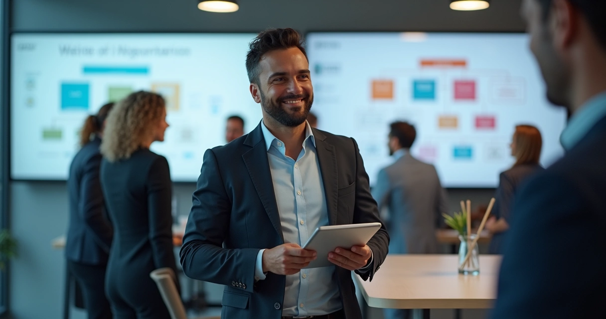 Colaborador novo recebe tablet com sistema de onboarding automatizado em ambiente corporativo