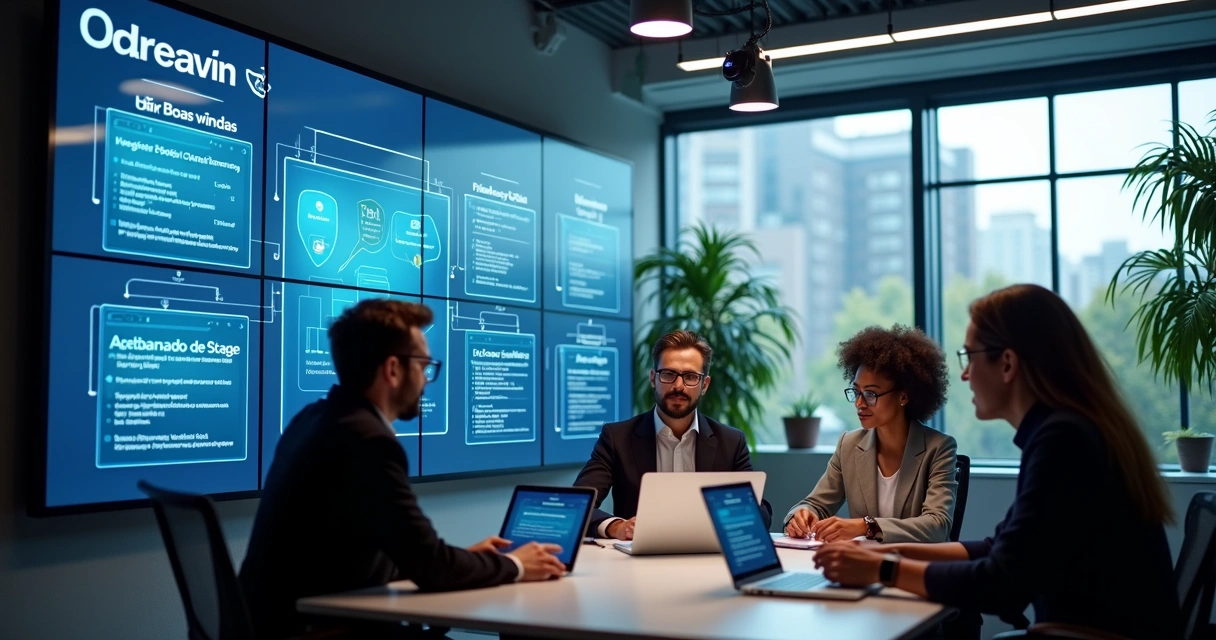 Equipe reunida em sala moderna com painéis digitais, discutindo etapas do onboarding automatizado 