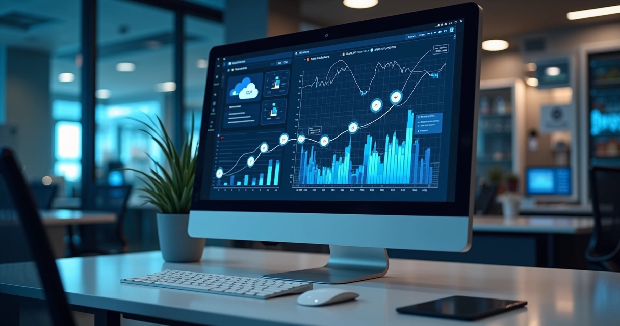 Computador com dashboard digital exibindo gráficos de integração de dados e automação de processos, com ícones de clientes e fornecedores conectados por fluxos de dados em um ambiente corporativo moderno e iluminado 