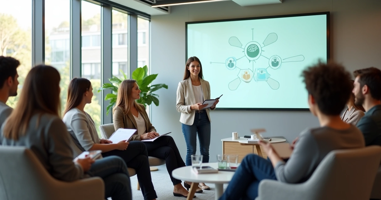 Equipe em onboarding sentada em roda com facilitadora conduzindo dinâmica de bem-estar emocional 