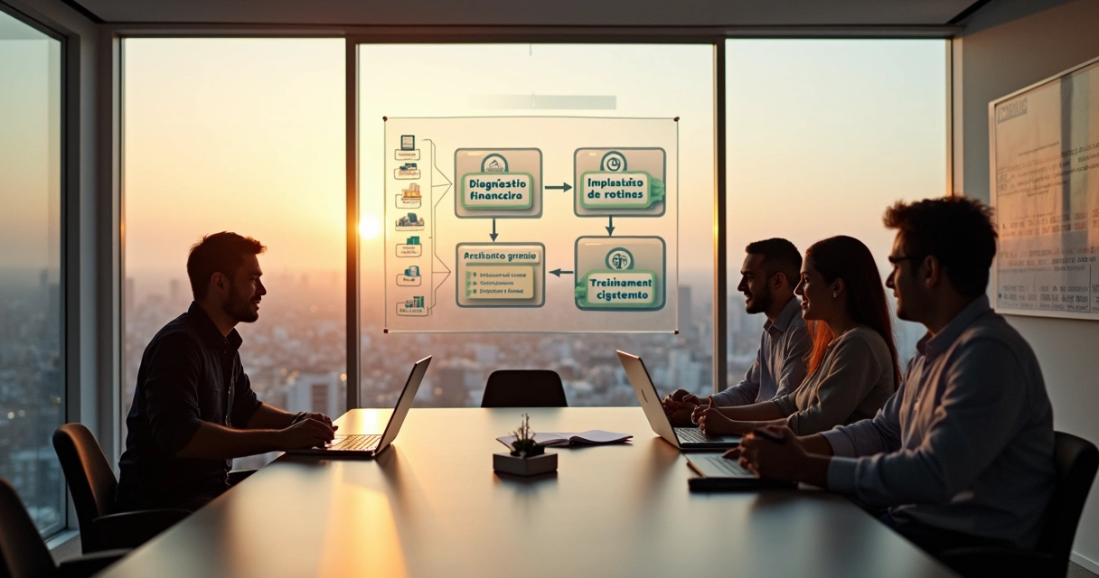 Equipe de BPO financeiro recebendo novo cliente com painel de processos ao fundo 