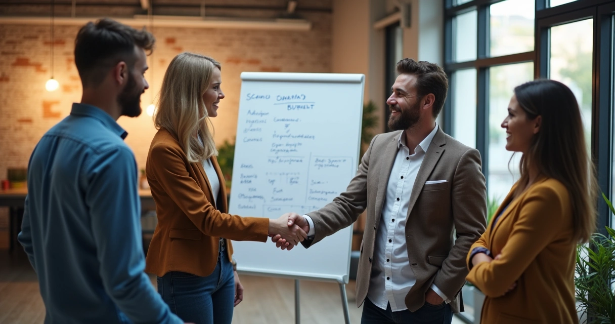 Equipe de agência apresentando integração para novo cliente em sala moderna 