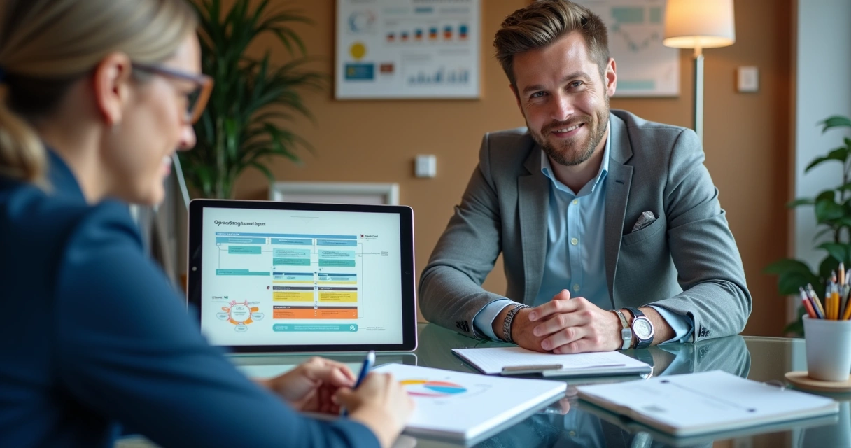 Consultor explicando processo de onboarding detalhado para cliente em agência digital 