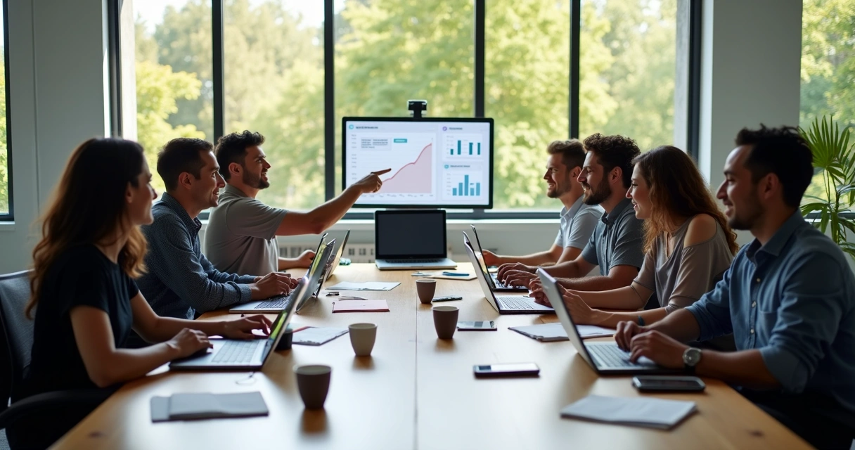 Equipe diversa colaborando em reunião com laptops e gráficos de progresso em tela 