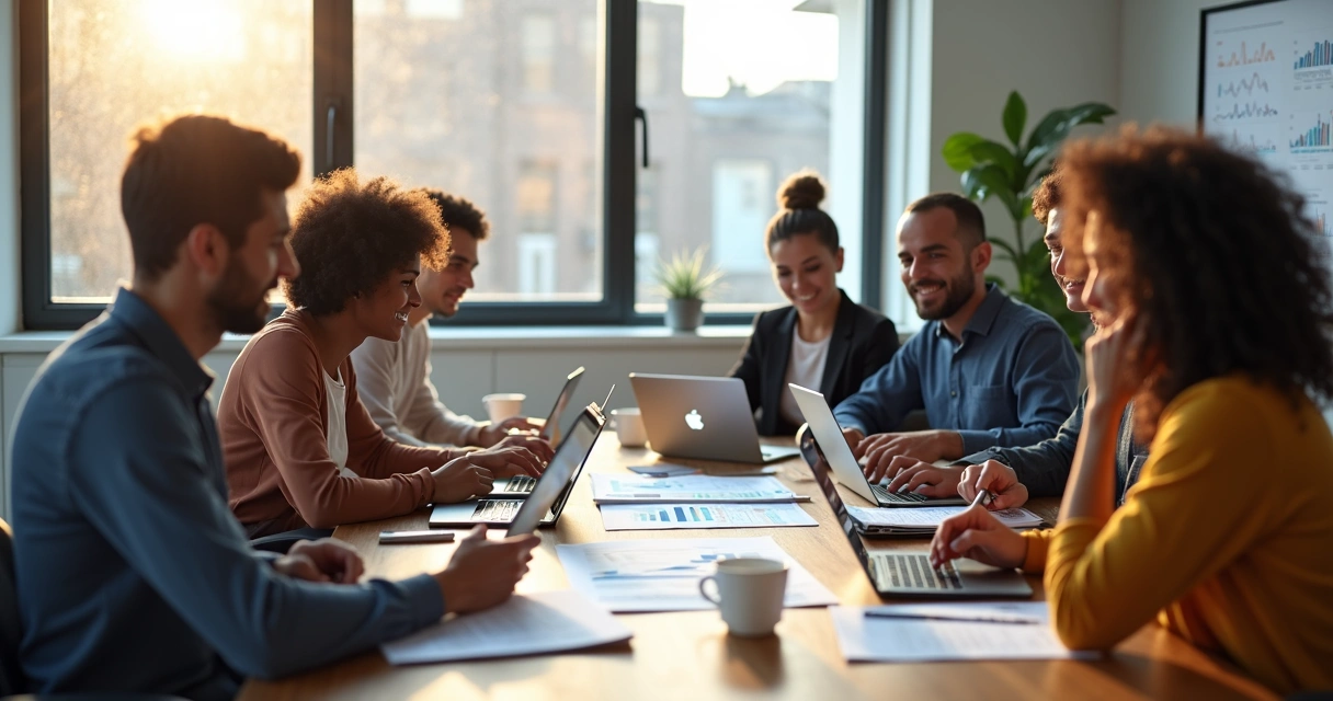 Equipe reunida dando boas-vindas a novo cliente em sala de reunião moderna com laptops e tablets 