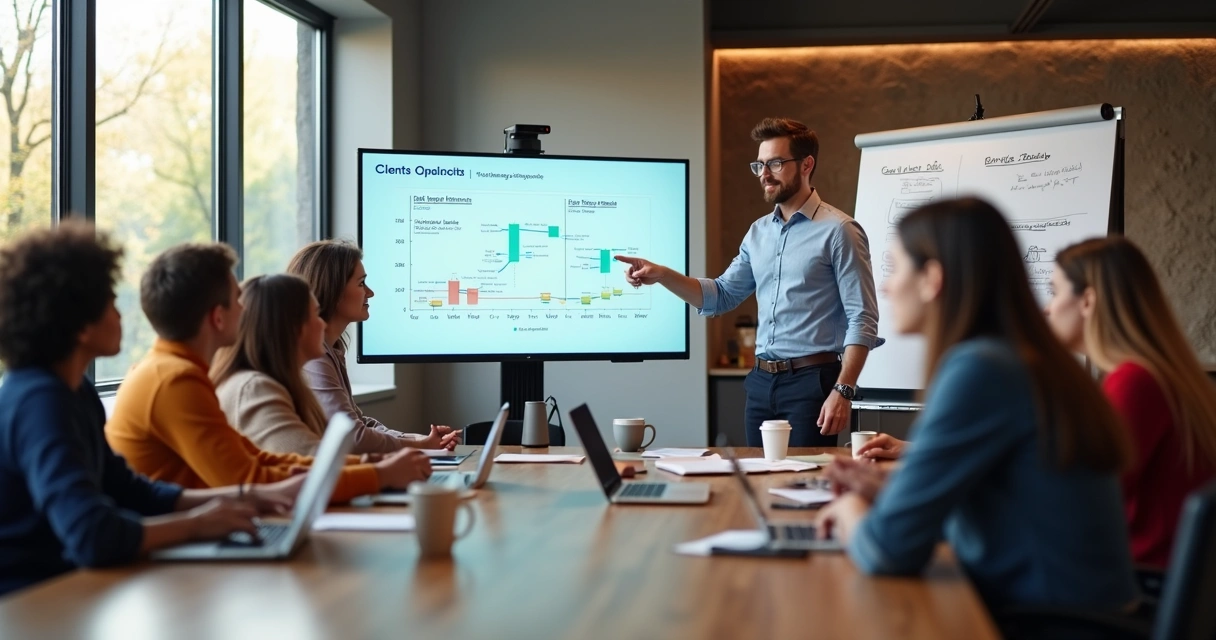 Equipe de marketing reunida em reunião de onboarding com novos clientes em sala moderna e iluminada
