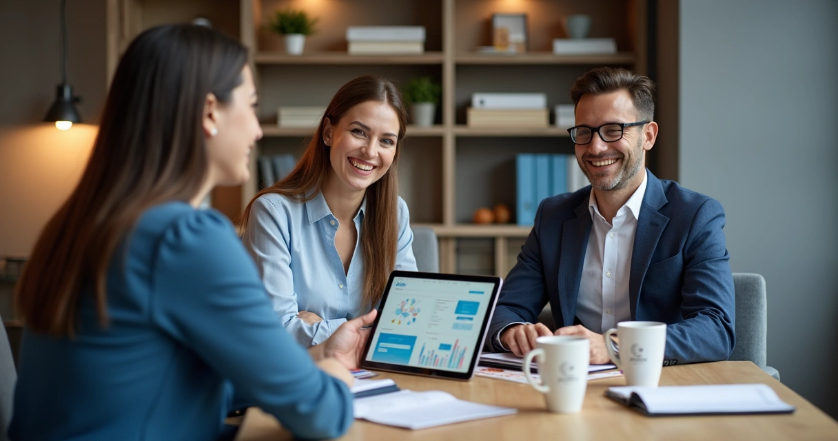 Equipe de contabilidade apresentando a plataforma de gestão para novo cliente 