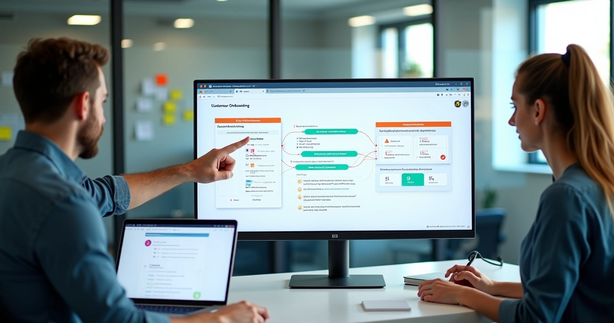Equipe acompanha fluxo digital de onboarding de clientes em painel no-code 