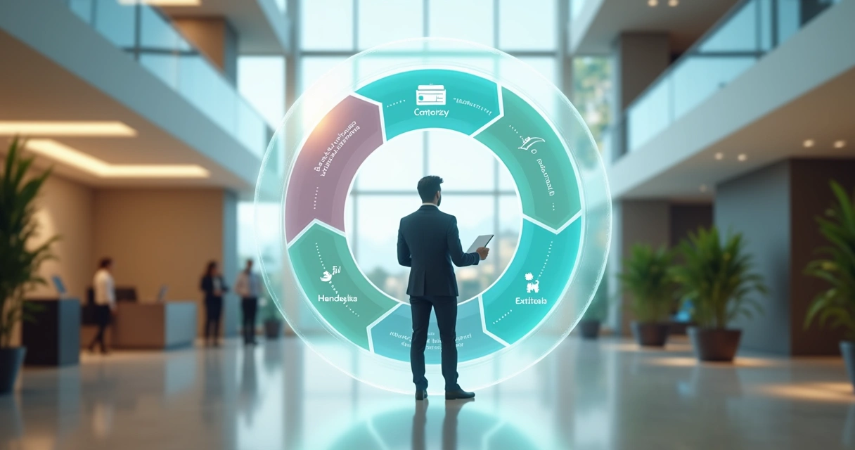 Colaborador em pé encarando painel circular com etapas de onboarding em escritório moderno 